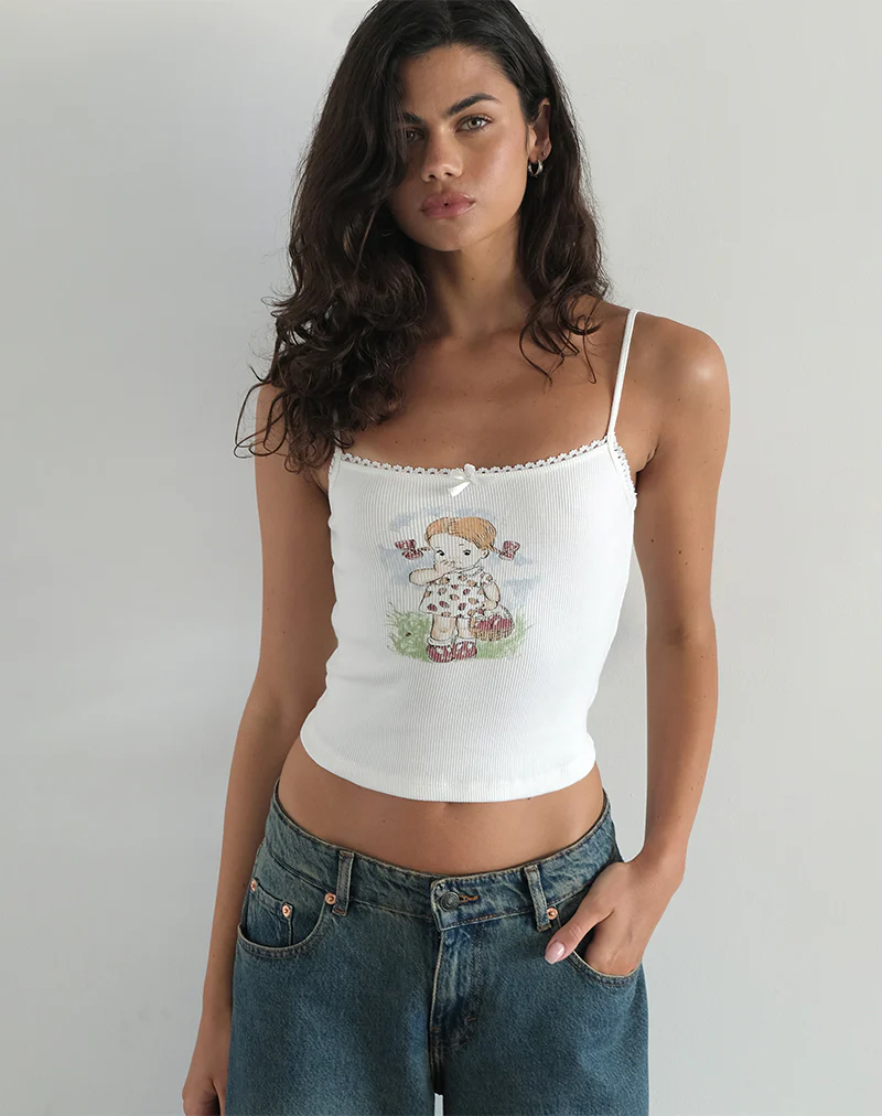 Suna Vest Top in Little Girl Motif White - Image 3