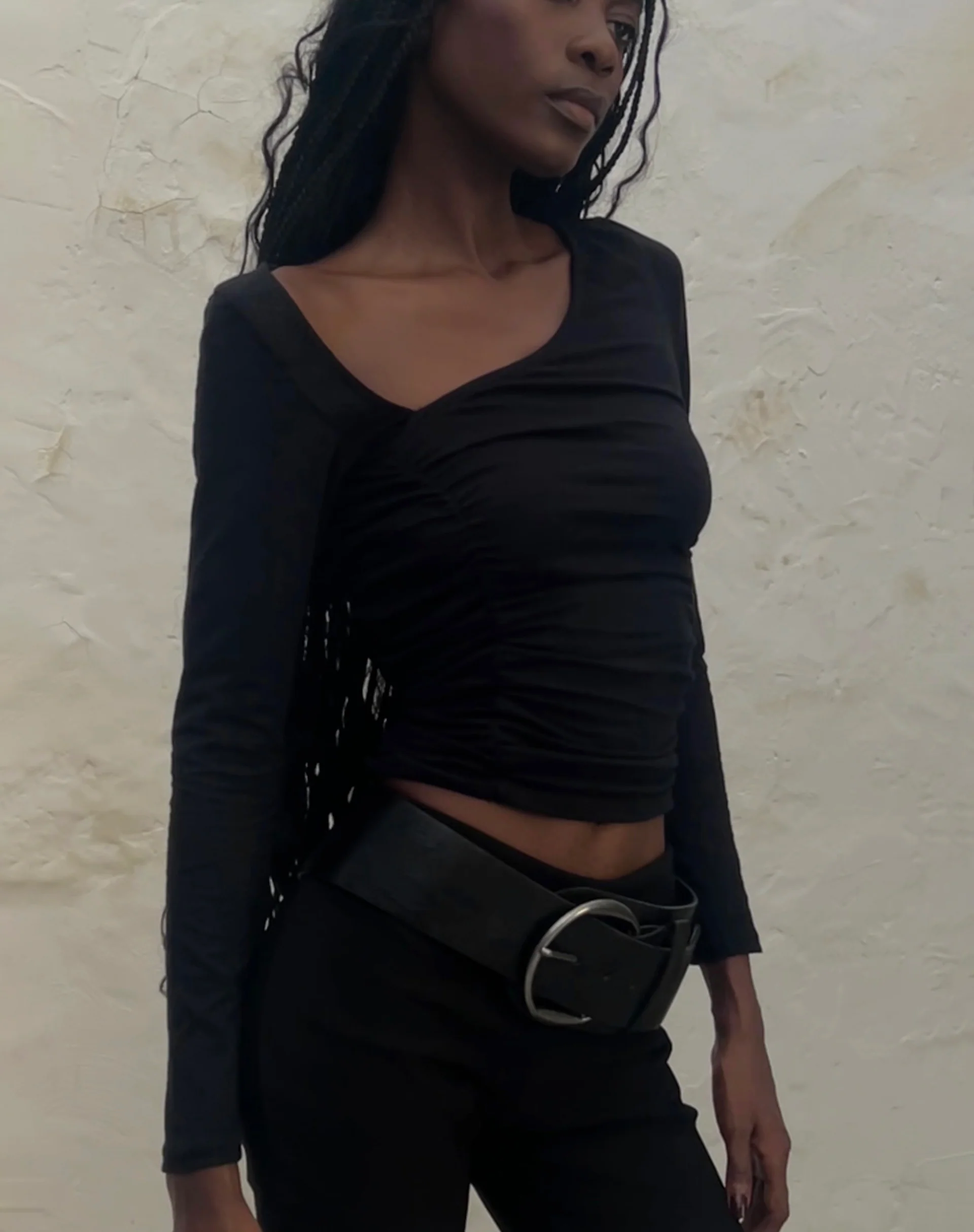Sunbee Ruched Asymmetric Long Sleeve Top in Black - Image 2