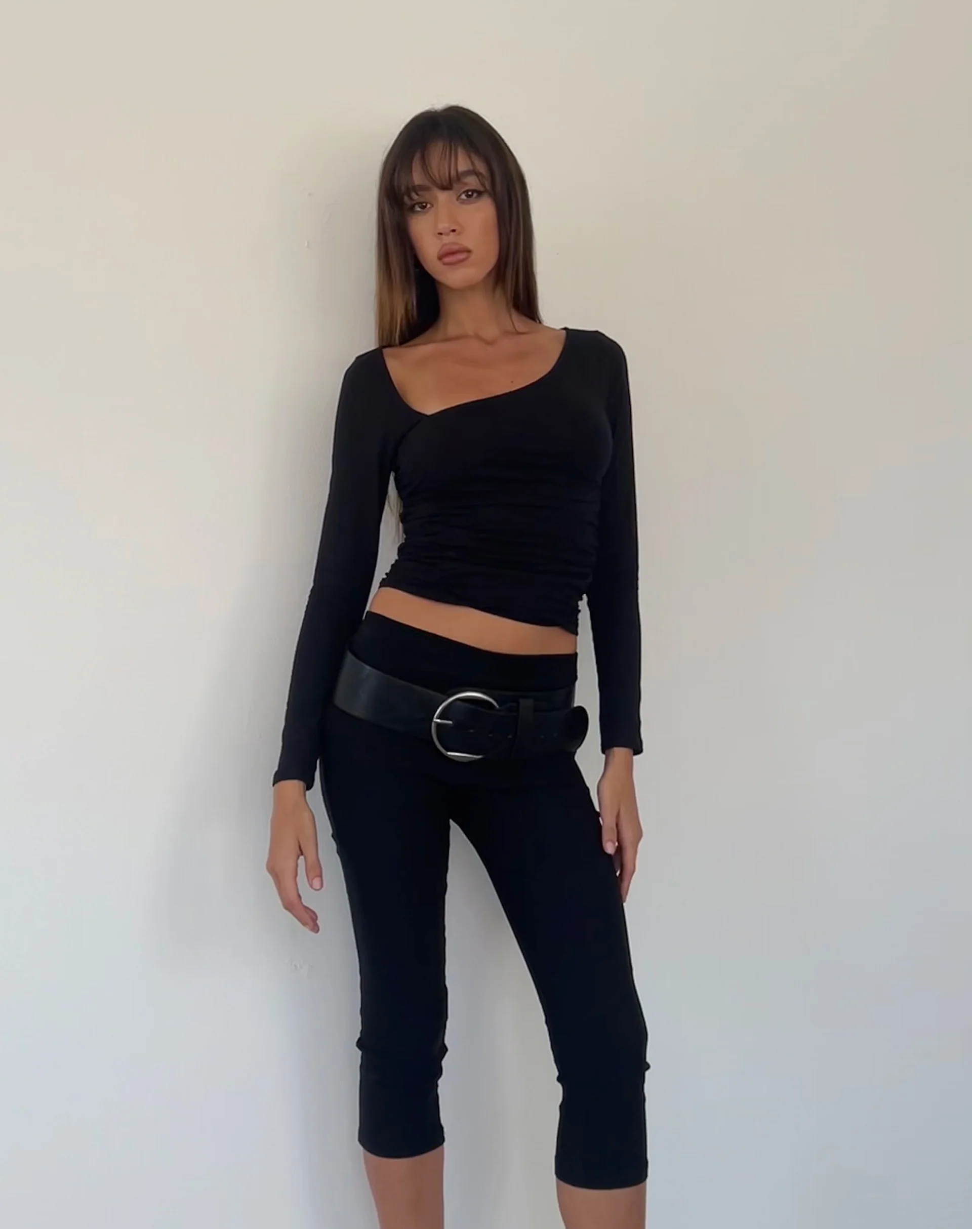 Sunbee Ruched Asymmetric Long Sleeve Top in Black - Image 3