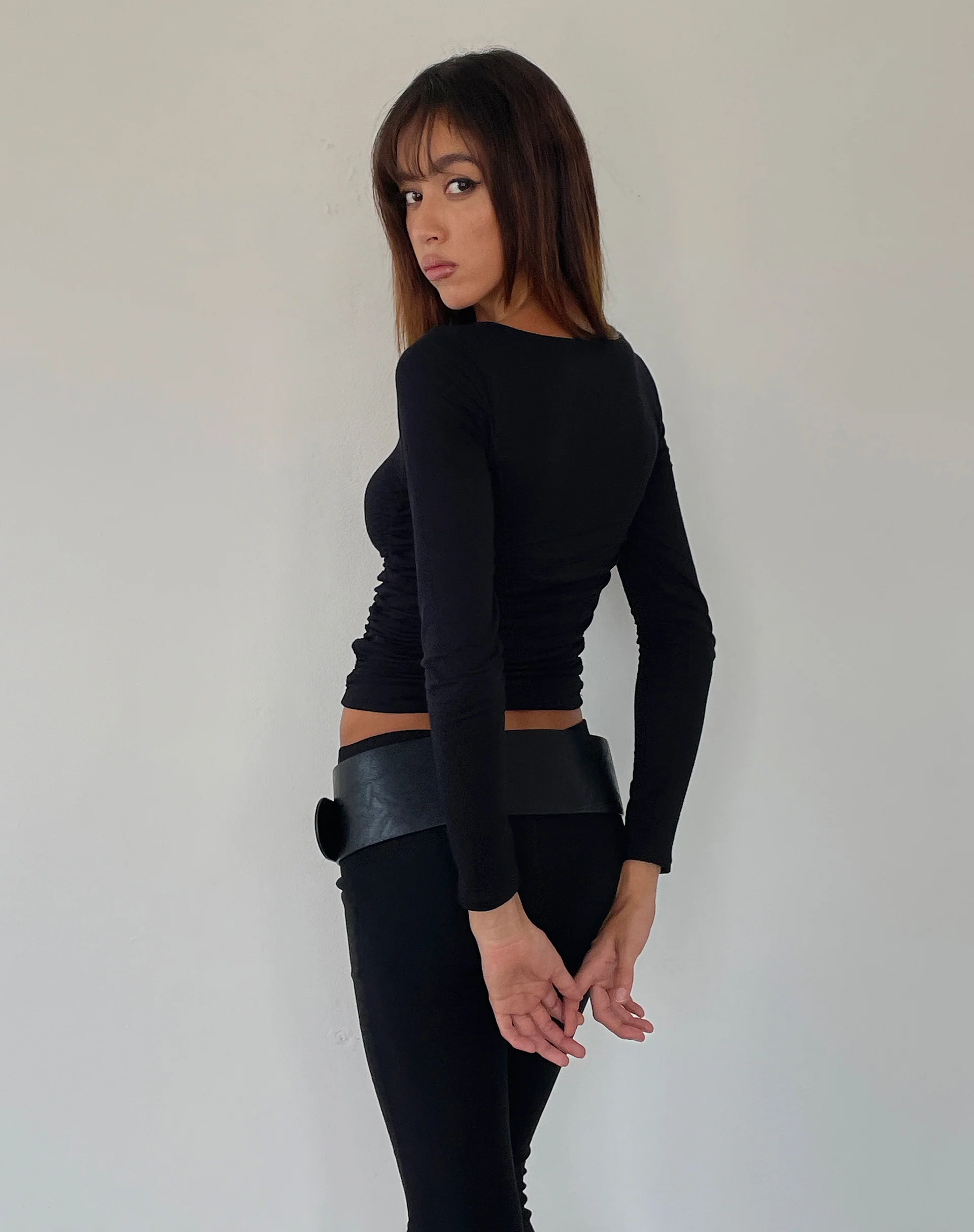 Sunbee Ruched Asymmetric Long Sleeve Top in Black - Image 5