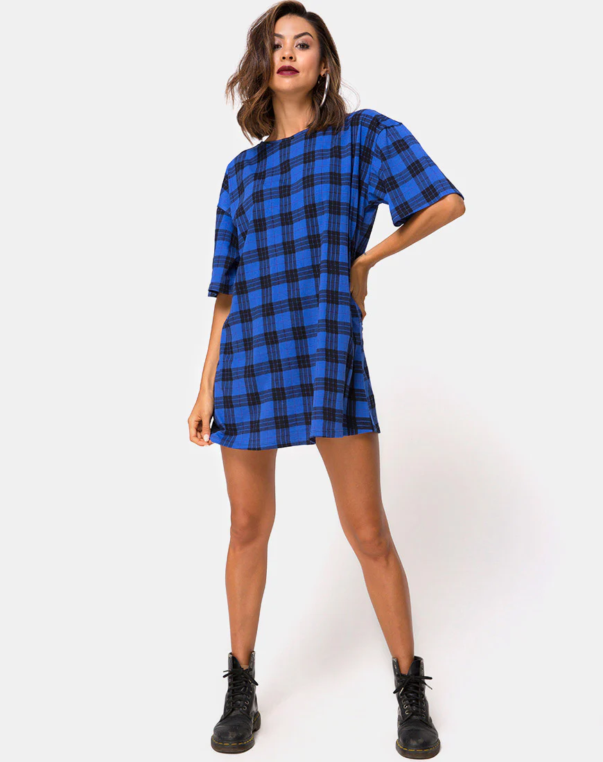 Sunny Kiss T Shirt Dress in Tartan Blue - Image 3