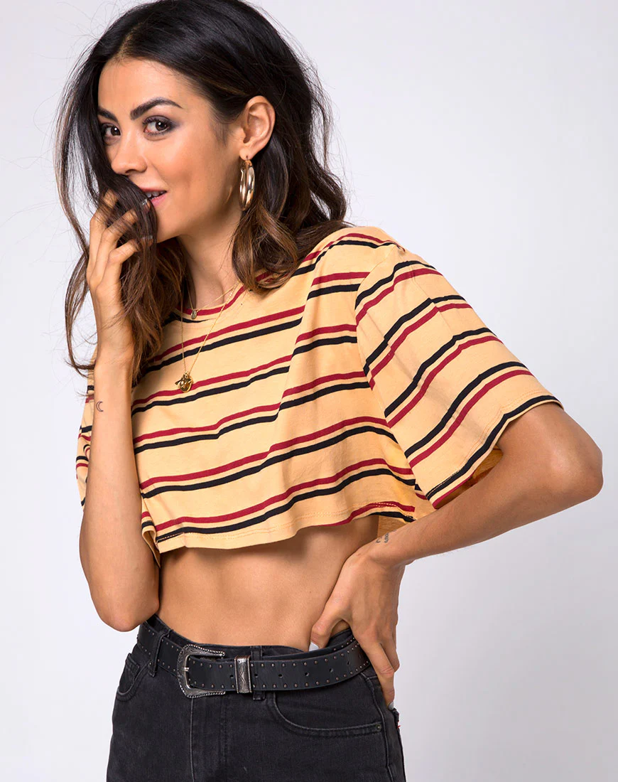 Super Cropped Tee in 70's Mustard Horizontal Stripe - Image 2