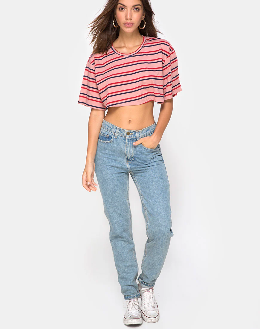 Super Cropped Tee in 70's Stripe Pink Horizontal - Image 3