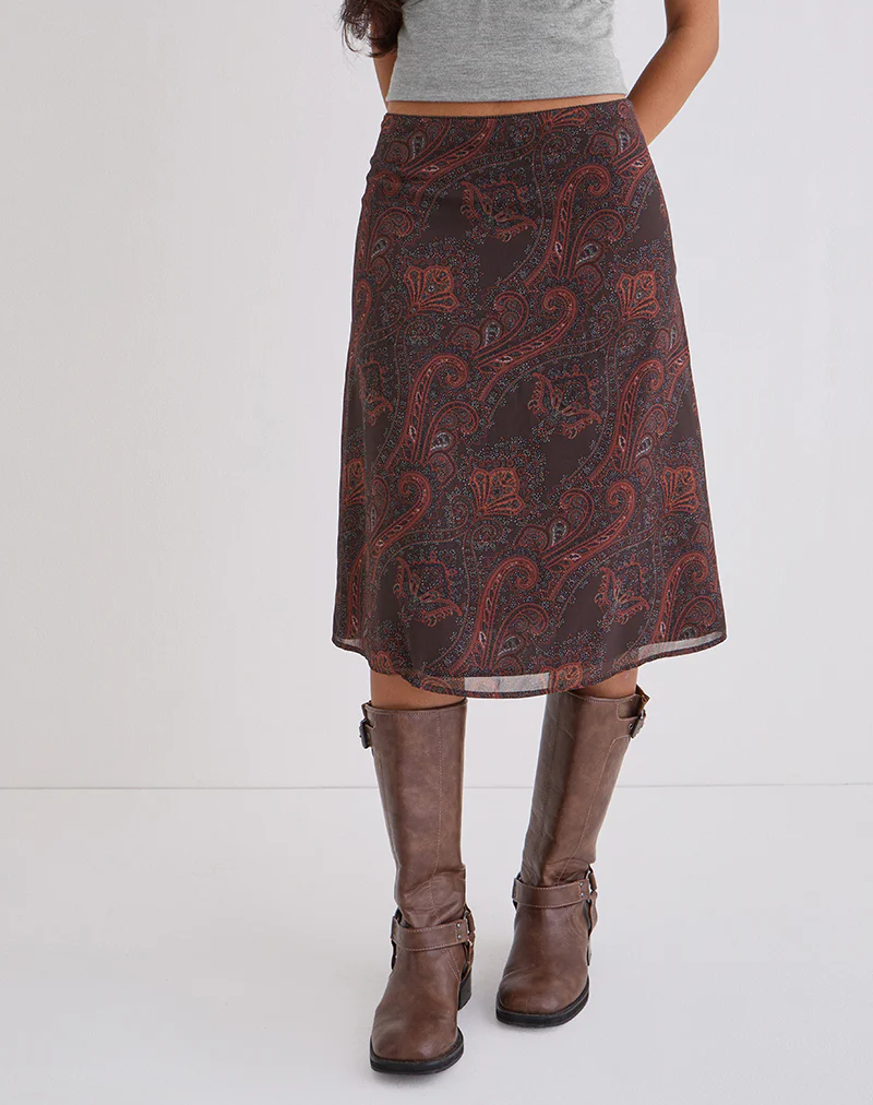 Suriela Midi Skirt in Chiffon Royal Paisley Burgundy - Image 2