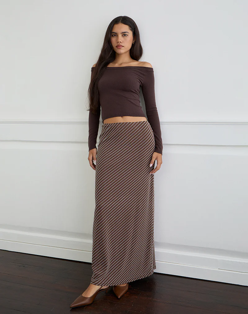 Surina Maxi Skirt in Diagonal Striped Flock Brown and Cream - Image 3