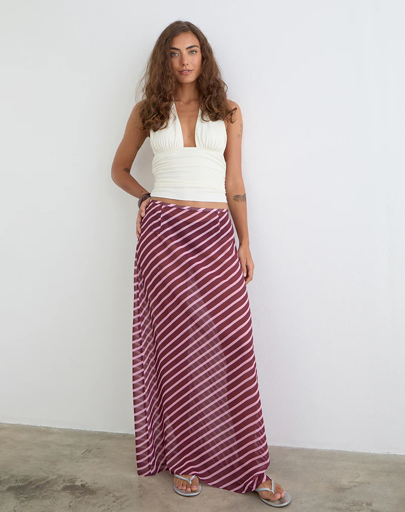 Surina Maxi Skirt in Tilted Stripe Chiffon Pink and Burgundy - Image 4