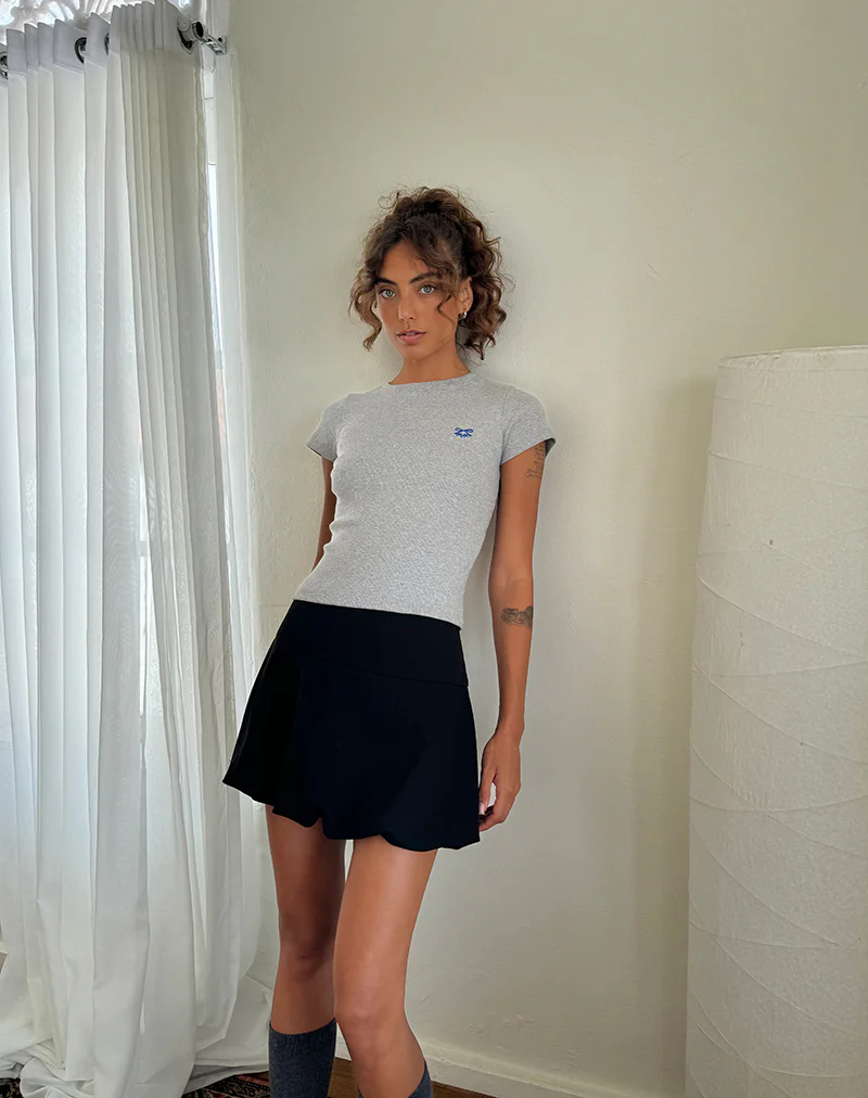 Suti Tee in Grey Marl with Cobalt Blue Bow Embroidery - Image 4