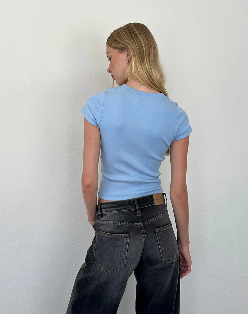 Suti Ribbed Baby Tee in Ice Blue with Dark Blue Bow Embroidery - Image 3