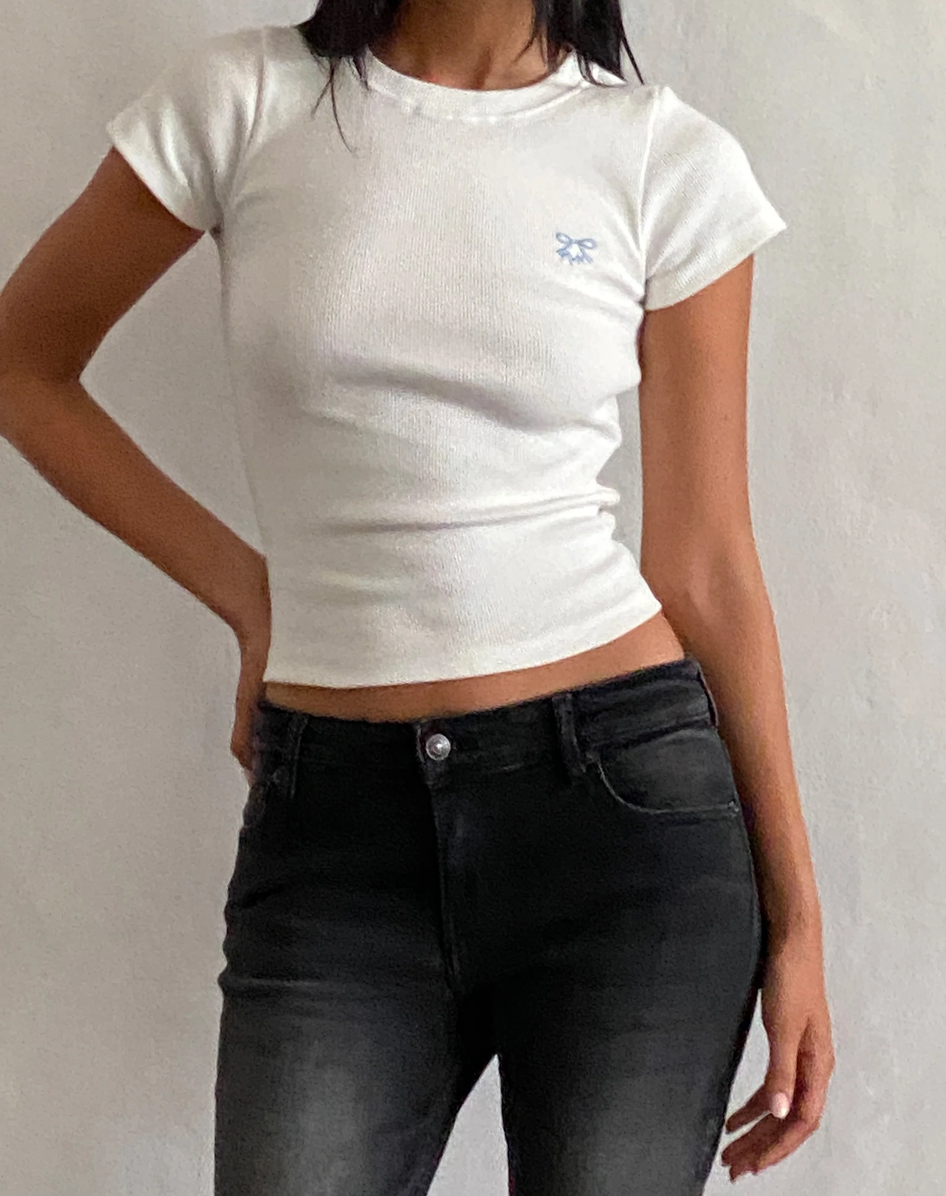 Suti Ribbed Baby Tee in Off White with Blue Bow M Embroidery - Image 2