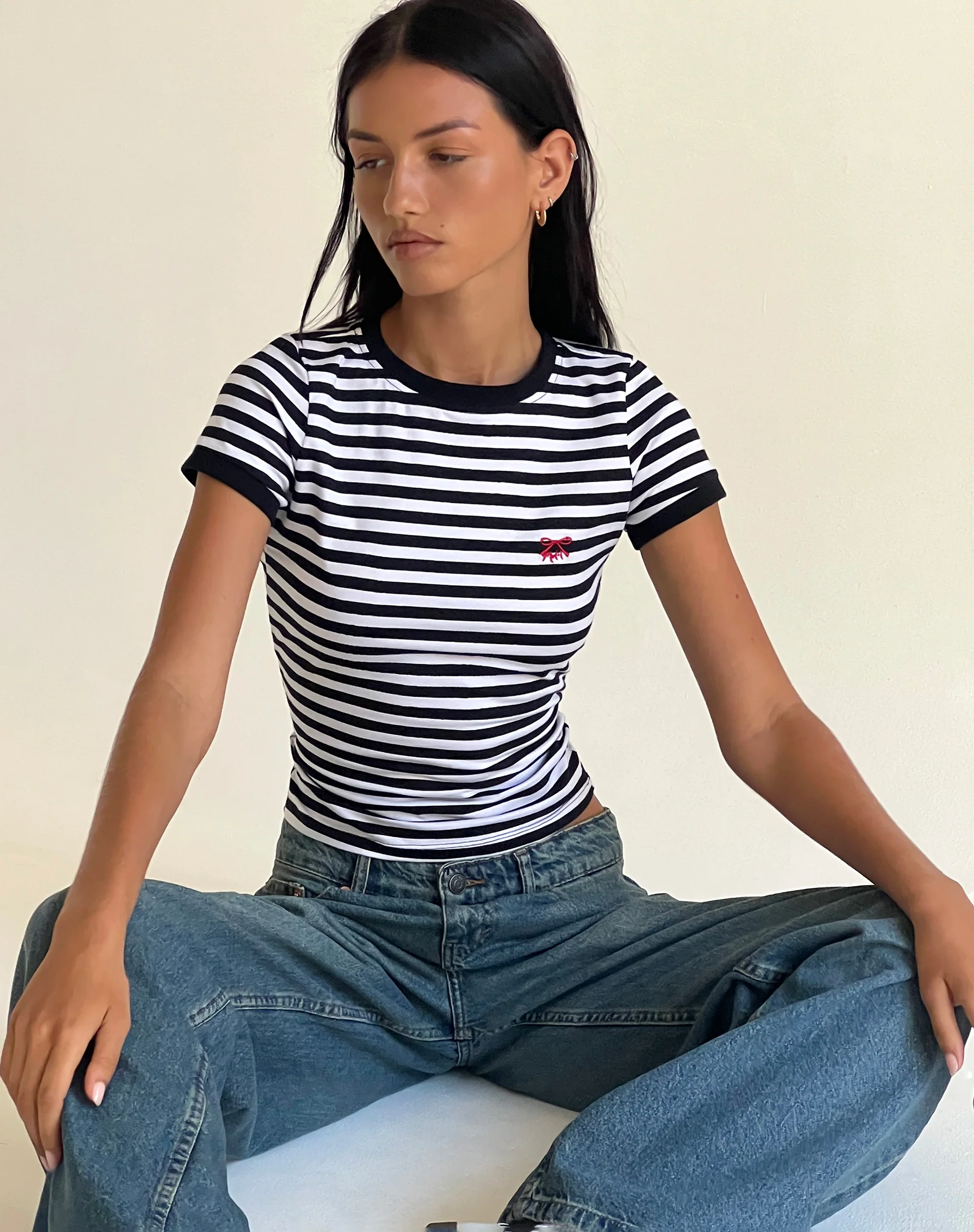 Sutin Tee in Black and White Stripe with M Embro - Image 2