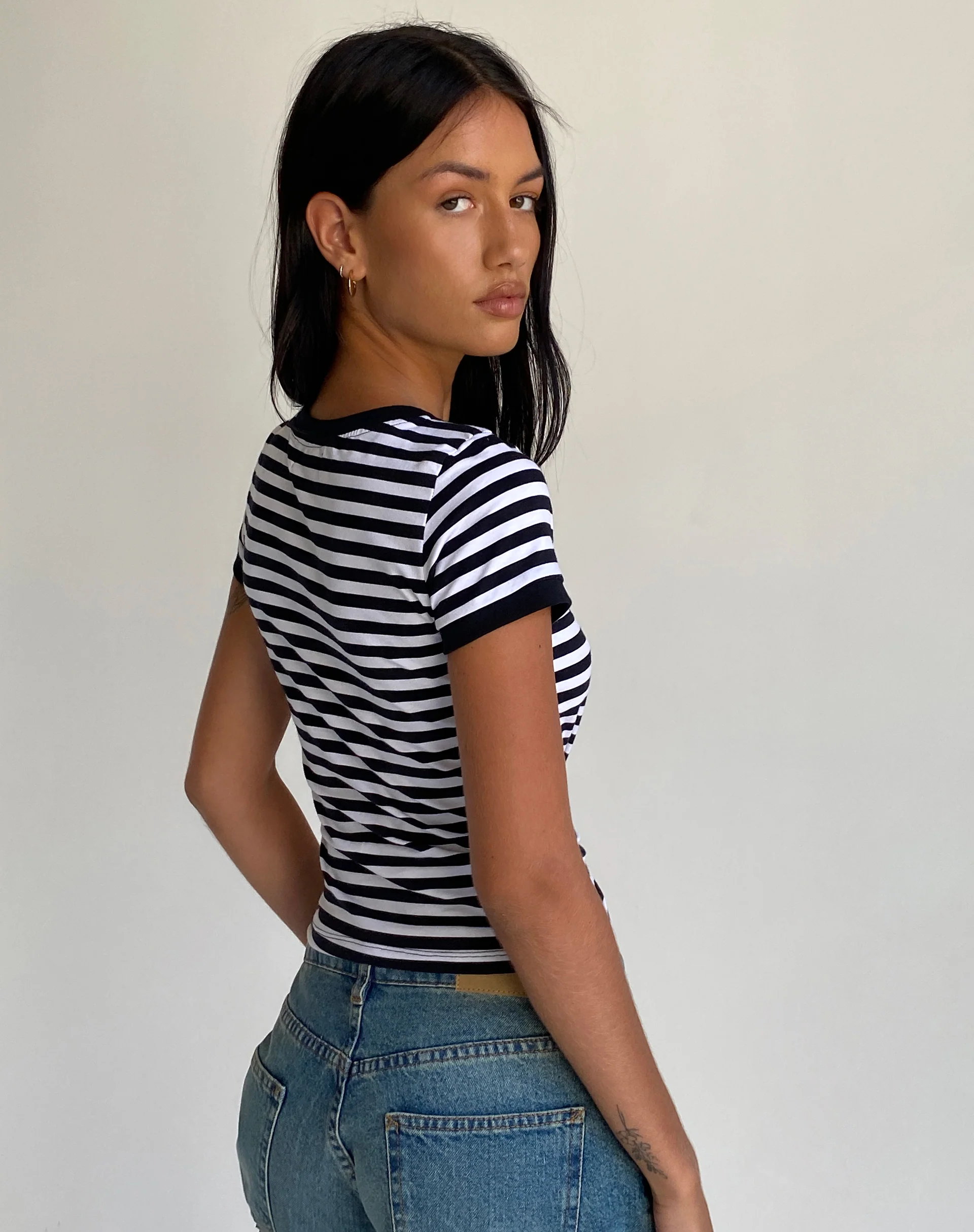 Sutin Tee in Black and White Stripe with M Embro - Image 4