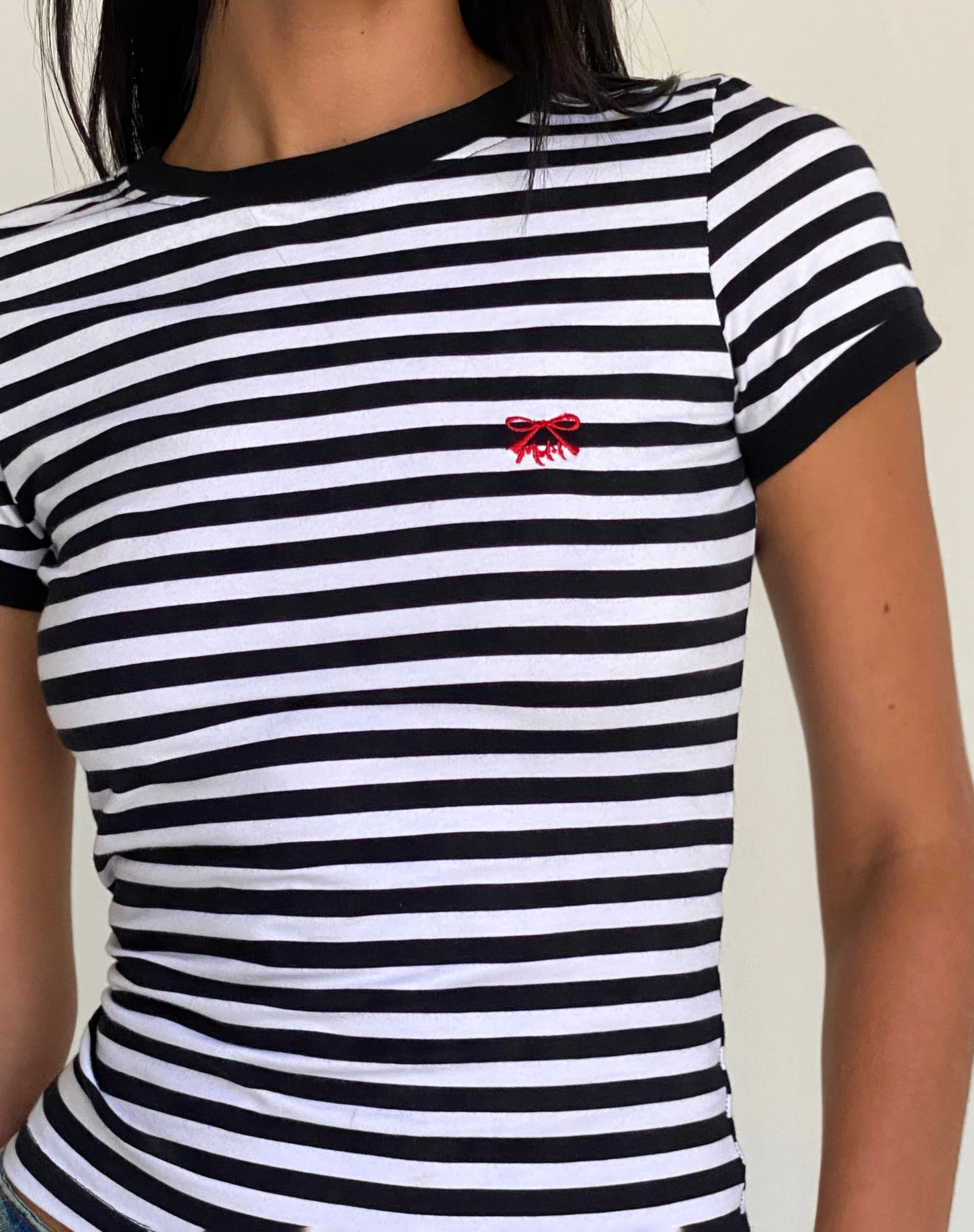Sutin Tee in Black and White Stripe with M Embro - Image 5