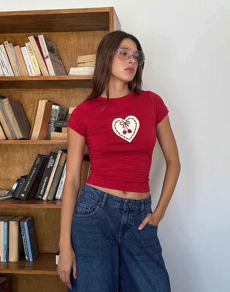 Sutin Baby Tee in Adrenaline Red with Embroidered Cherry Heart - Image 2