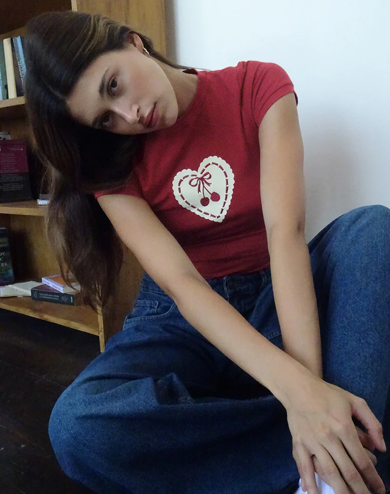 Sutin Baby Tee in Adrenaline Red with Embroidered Cherry Heart - Image 3