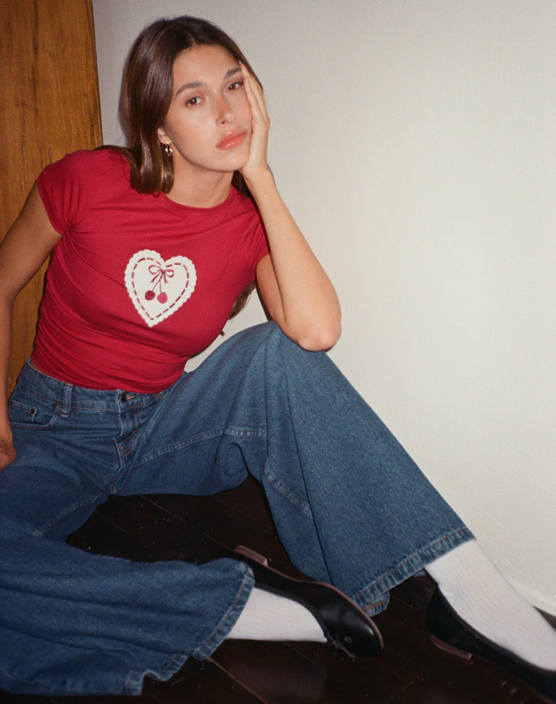 Sutin Baby Tee in Adrenaline Red with Embroidered Cherry Heart - Image 5
