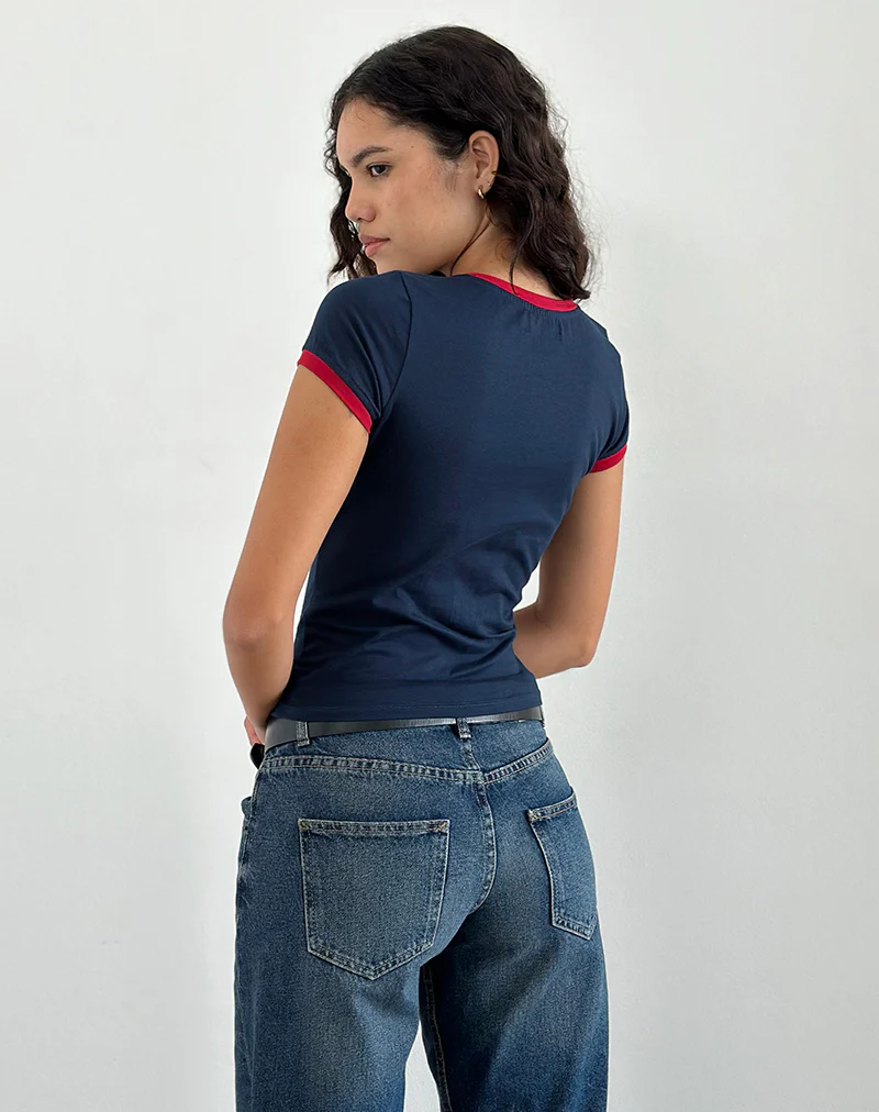 Sutin Tee in Navy with Red Binding and Doeyes Graphic - Image 3