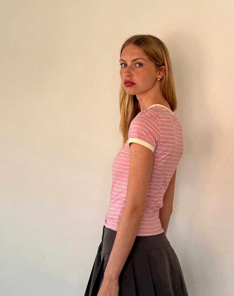 Sutin Baby Tee in Pink Stripe Combi Cherry Embroidery - Image 5