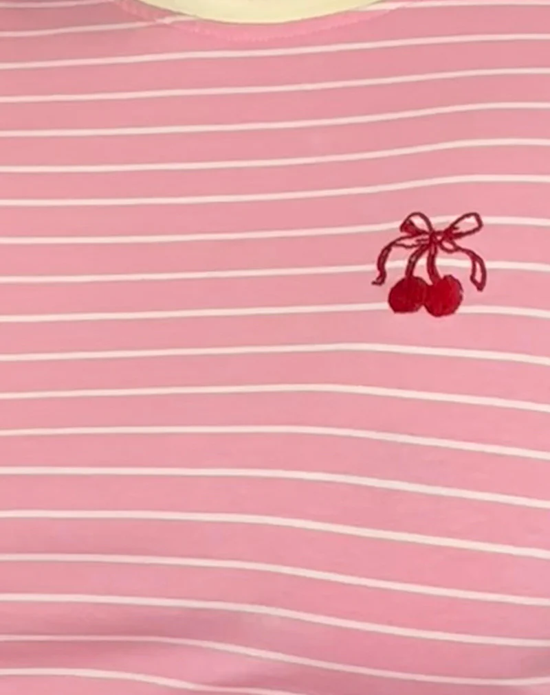 Sutin Baby Tee in Pink Stripe Combi Cherry Embroidery - Image 6