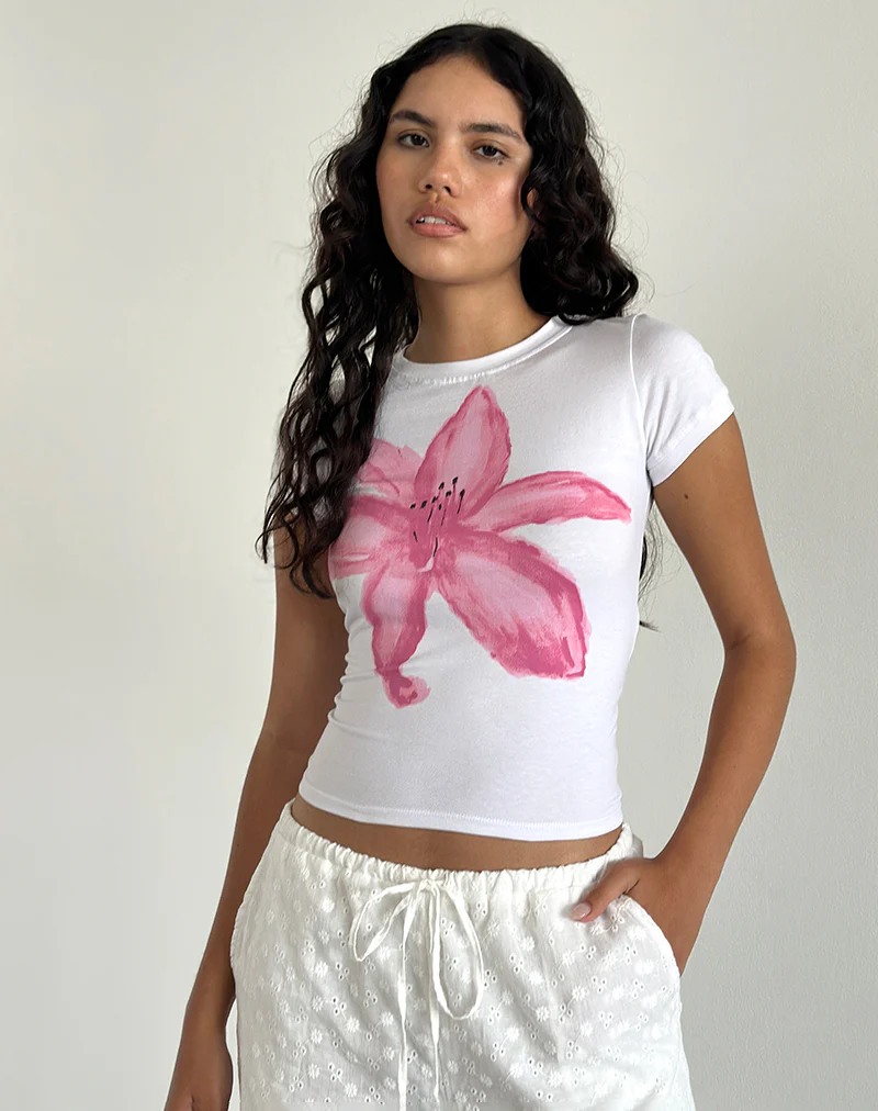 Sutin Tee in White with Painted Flower Pink - Image 4
