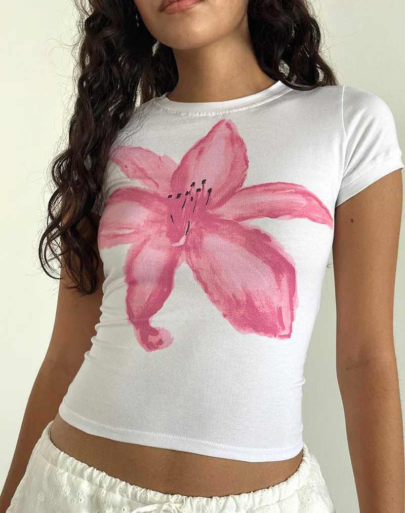 Sutin Tee in White with Painted Flower Pink - Image 5