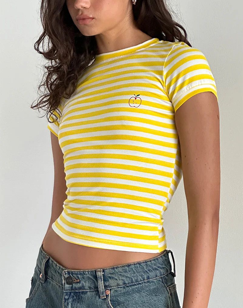 Sutin Tee in Yellow with White Stripe Apple Print - Image 2