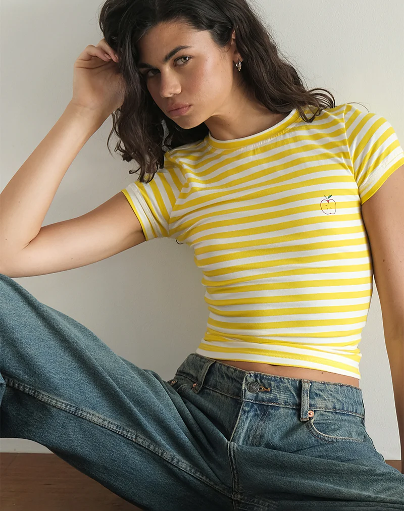 Sutin Tee in Yellow with White Stripe Apple Print - Image 3
