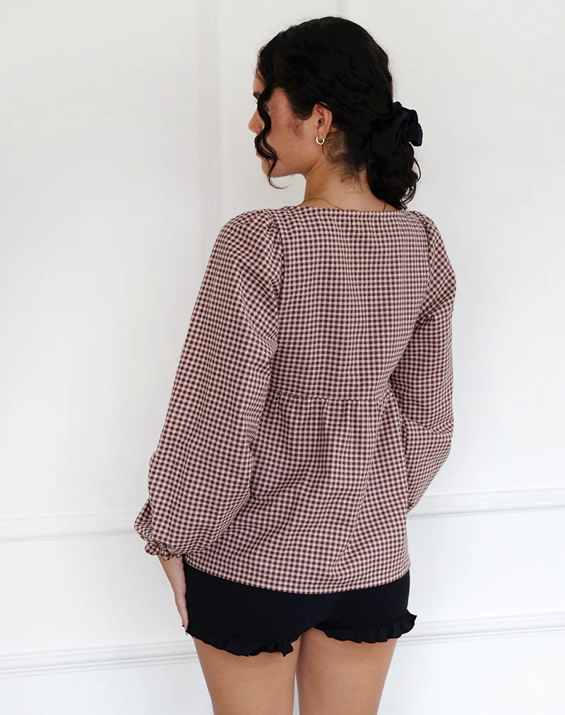 Suzumi Wrap Blouse in Mini Gingham Brown - Image 3