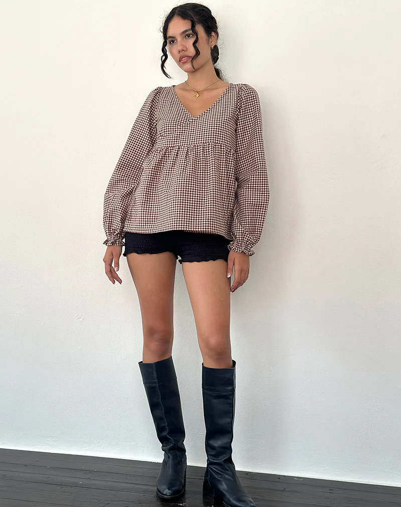 Suzumi Wrap Blouse in Mini Gingham Brown - Image 4