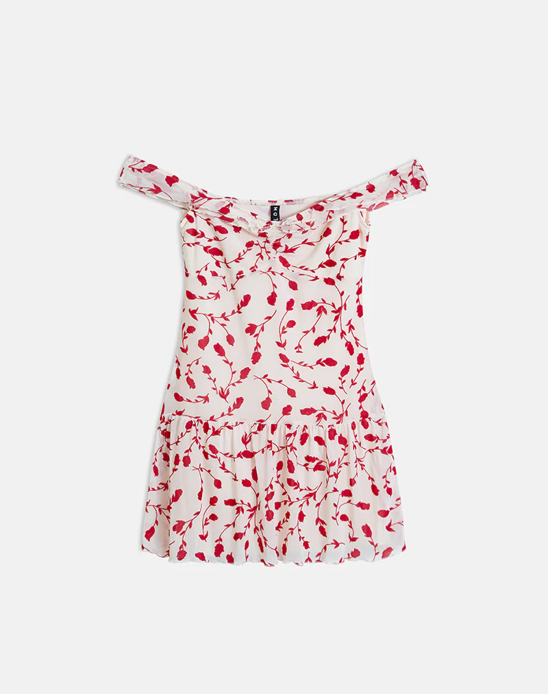 Switaria Mini Dress in Cream with Red Leafy Lily Flock - Image 4