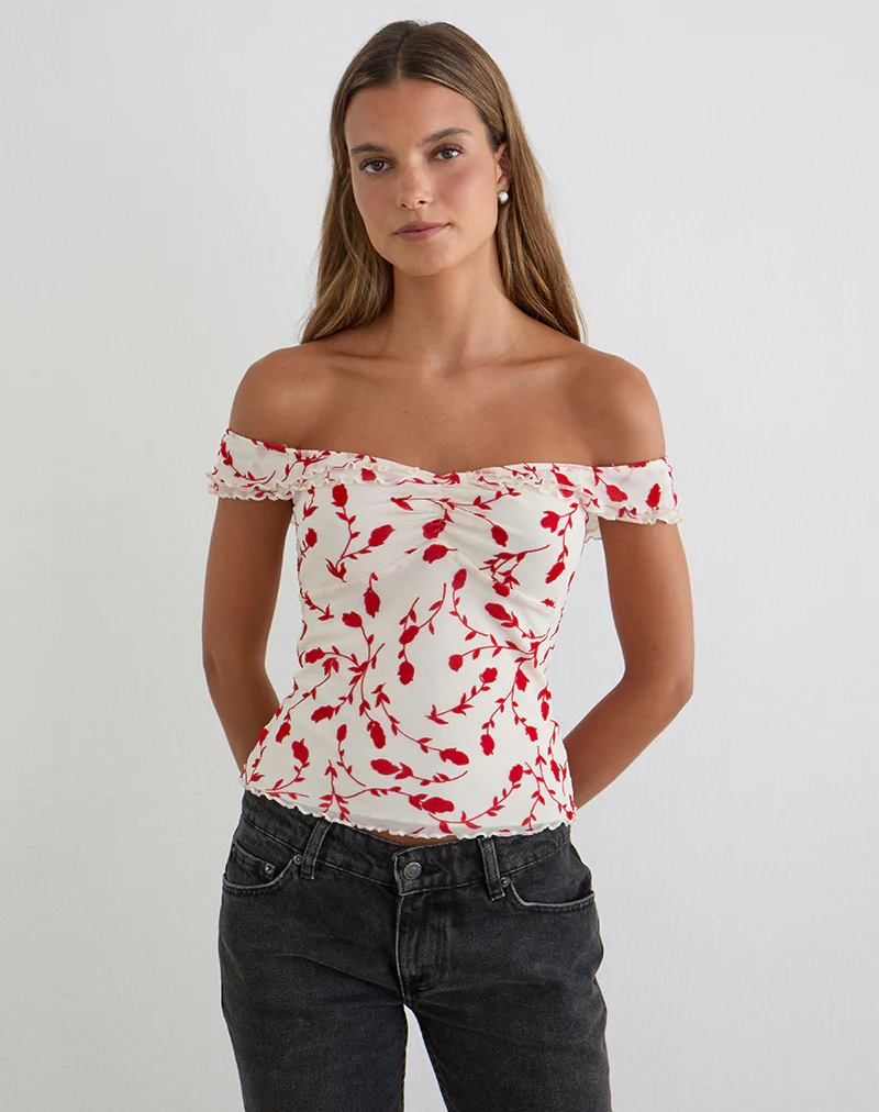 Switi Bardot Top in Cream with Red Leafy Lily Flock - Image 2