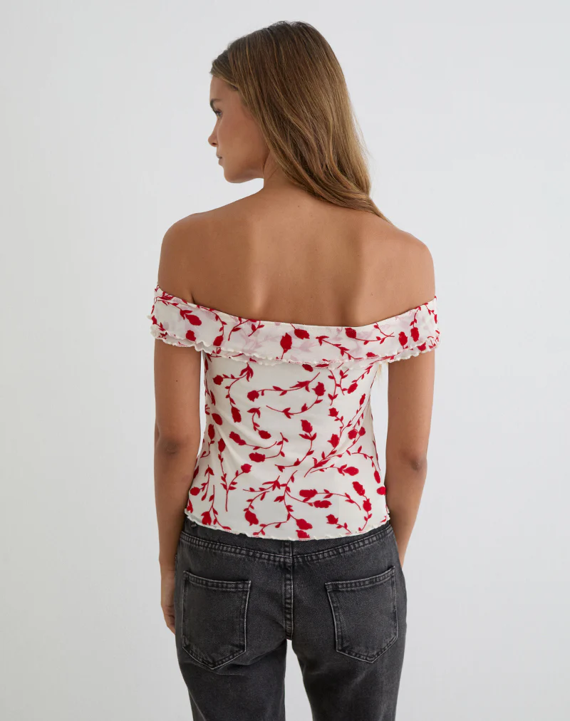 Switi Bardot Top in Cream with Red Leafy Lily Flock - Image 3