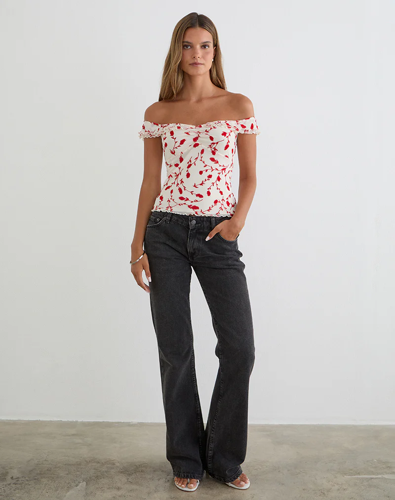 Switi Bardot Top in Cream with Red Leafy Lily Flock - Image 4