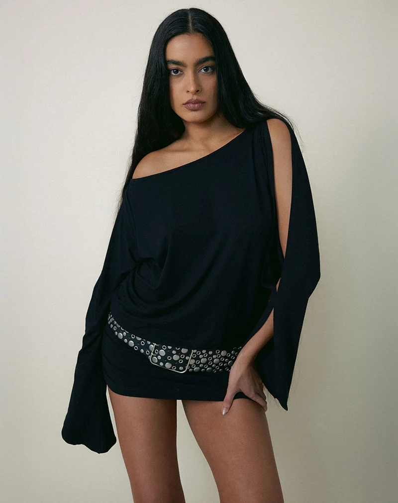 Sybe Cut Batwing Sleeve Mini Dress in Black - Image 2