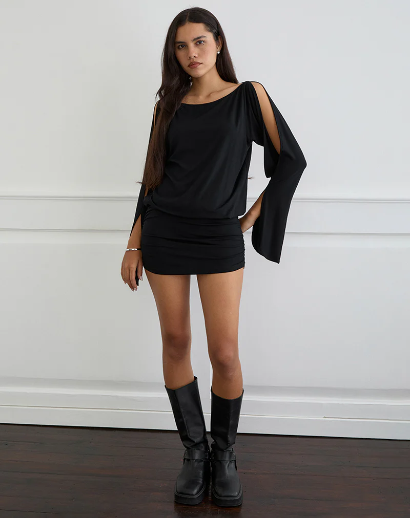 Sybe Cut Batwing Sleeve Mini Dress in Black - Image 3