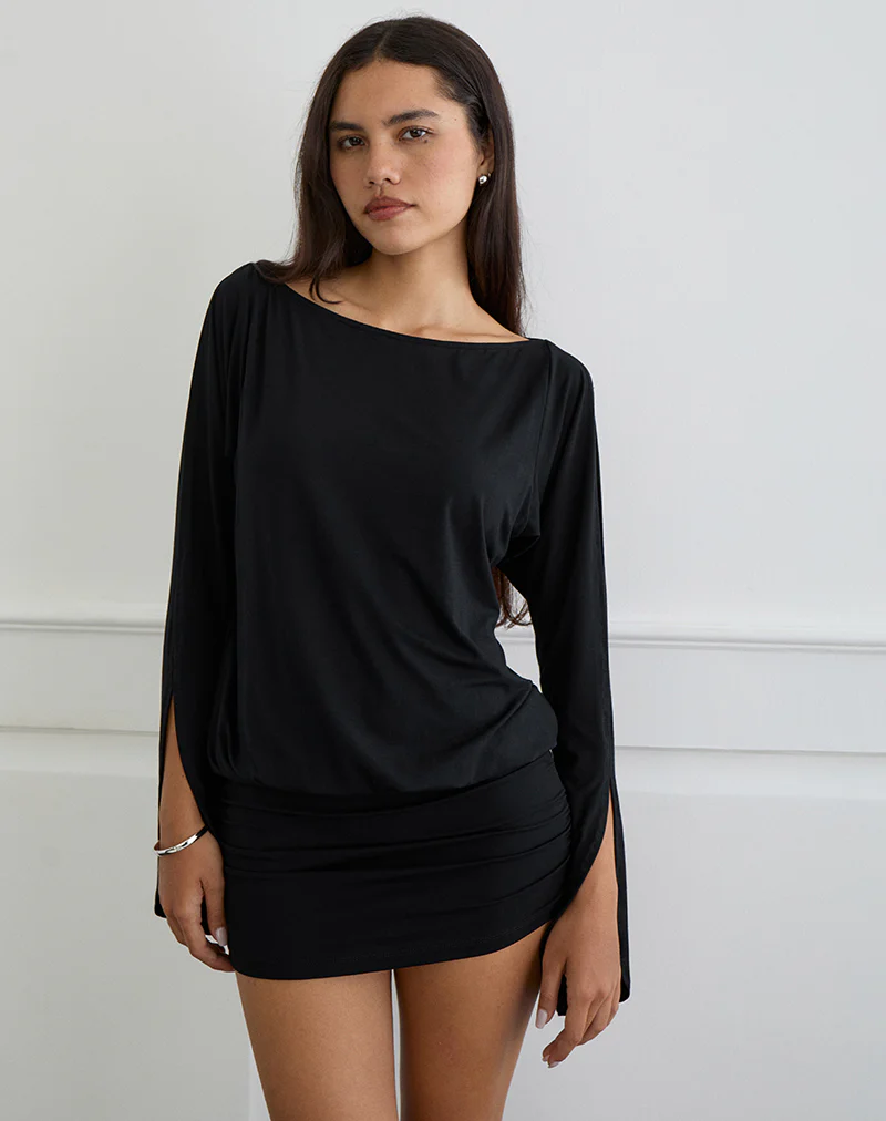 Sybe Cut Batwing Sleeve Mini Dress in Black - Image 4