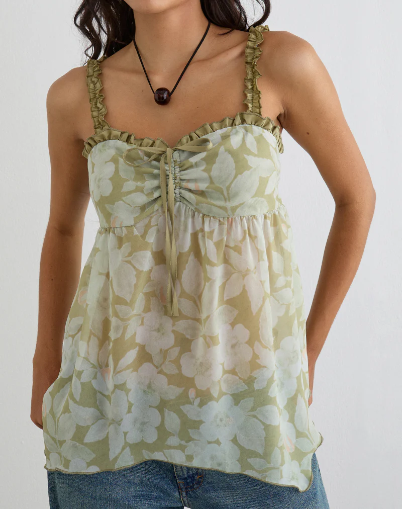 Sylva Asymmetric Hem Cami Top in Pale Flower Green - Image 2