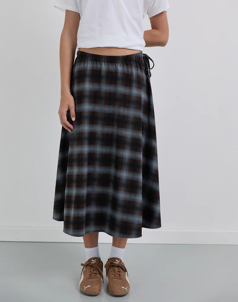 Taka Midi Skirt in Blue and Brown Check - Image 2