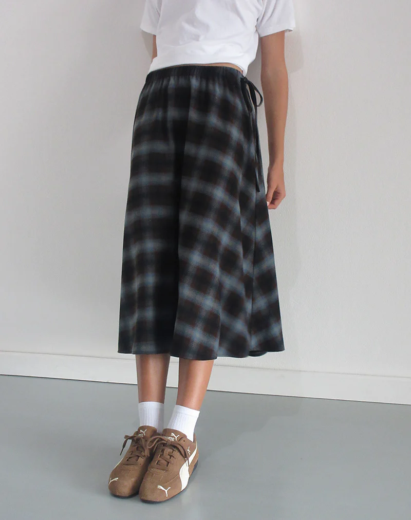 Taka Midi Skirt in Blue and Brown Check - Image 4