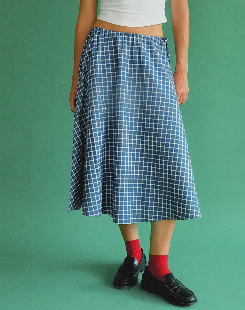 Takara Midi Skirt in Navy Tartan Poplin - Image 2