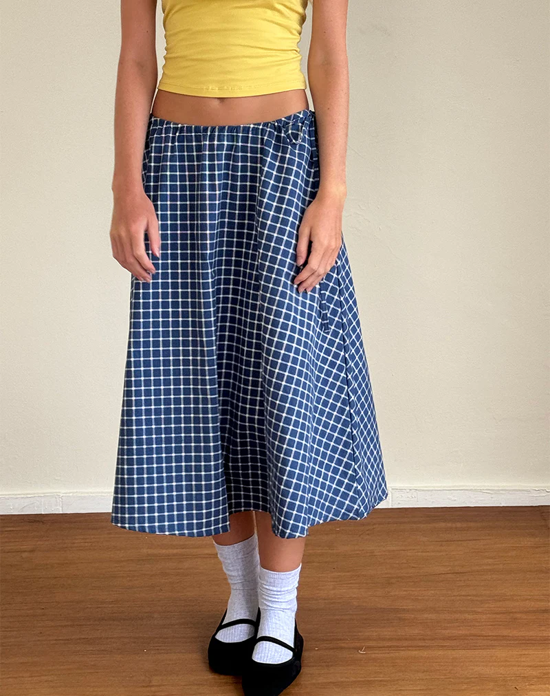Takara Midi Skirt in Navy Tartan Poplin - Image 3