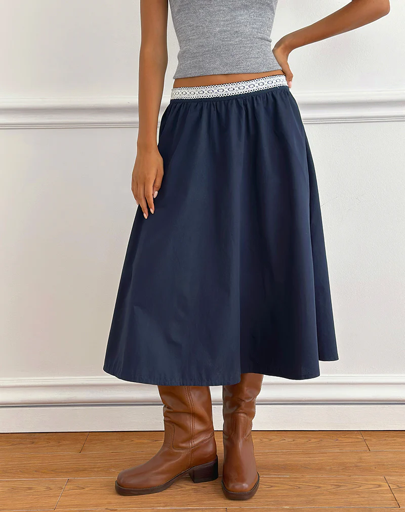 Takira Midi Skirt in Dark Navy with Lace Trim - Image 2