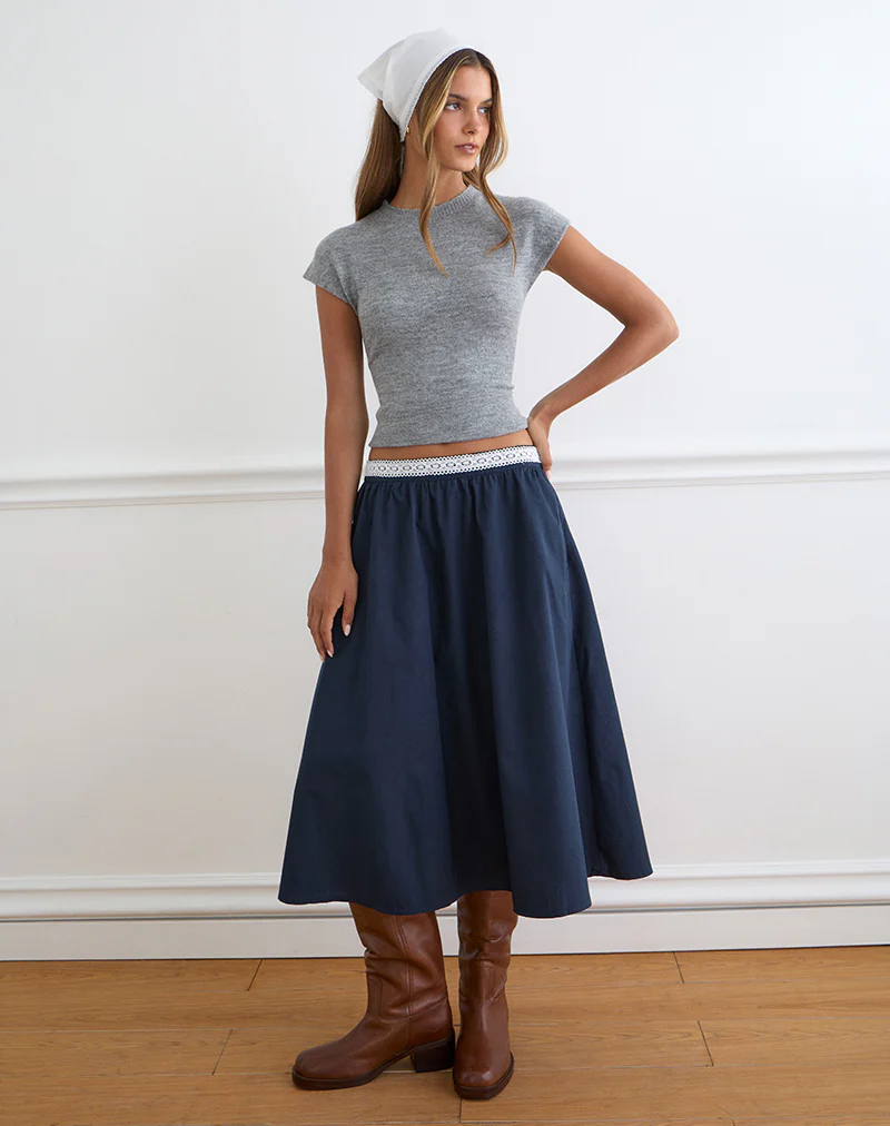 Takira Midi Skirt in Dark Navy with Lace Trim - Image 3