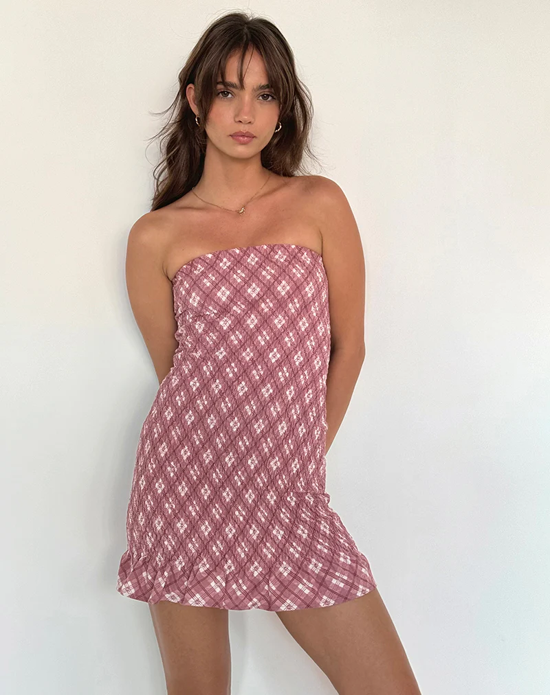 Takiyo Bandeau Mini Dress in Pink Tartan