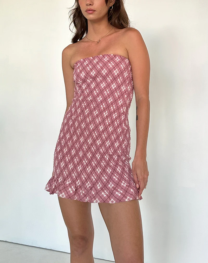 Takiyo Bandeau Mini Dress in Pink Tartan - Image 2