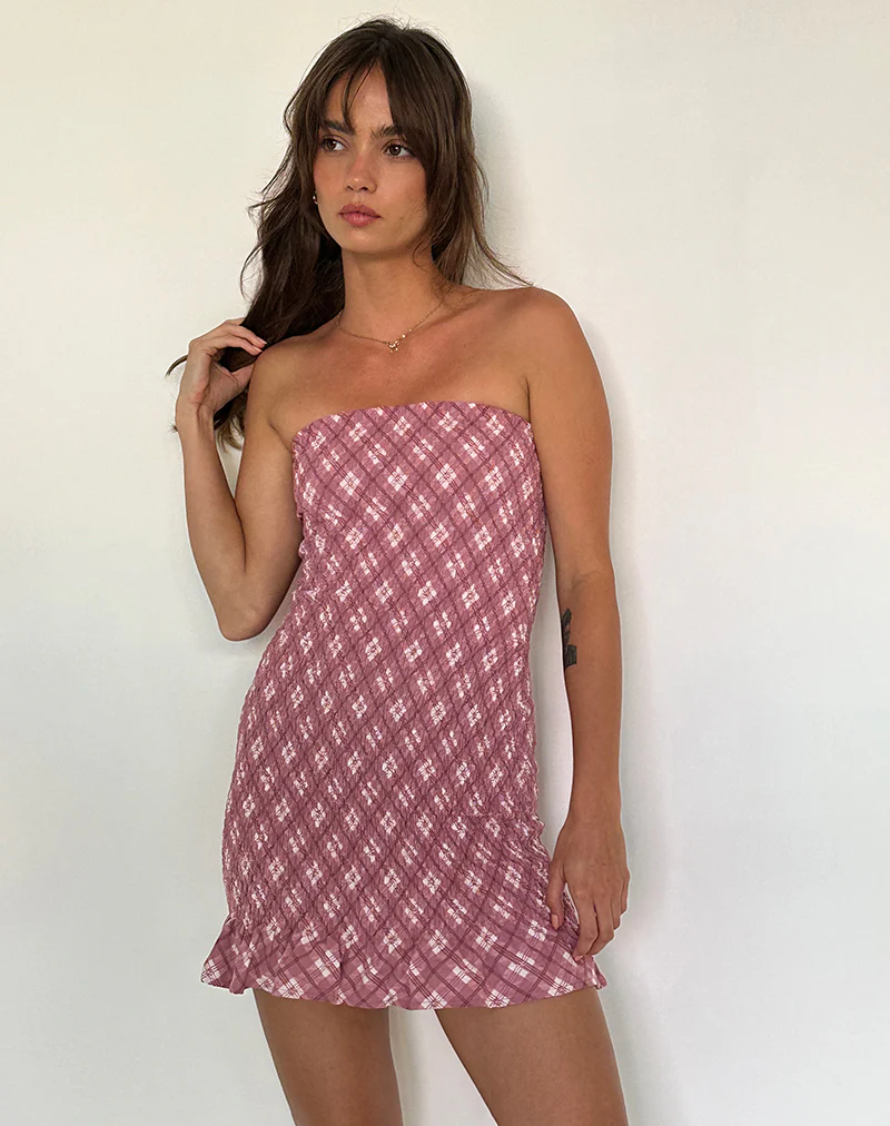 Takiyo Bandeau Mini Dress in Pink Tartan - Image 3