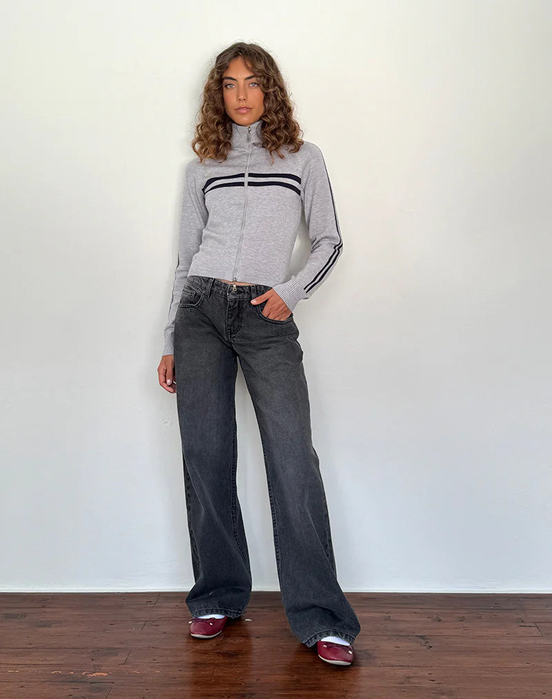 Talisa Sporty Zip Through Jacket In Light Grey with Navy Stripes - Image 2