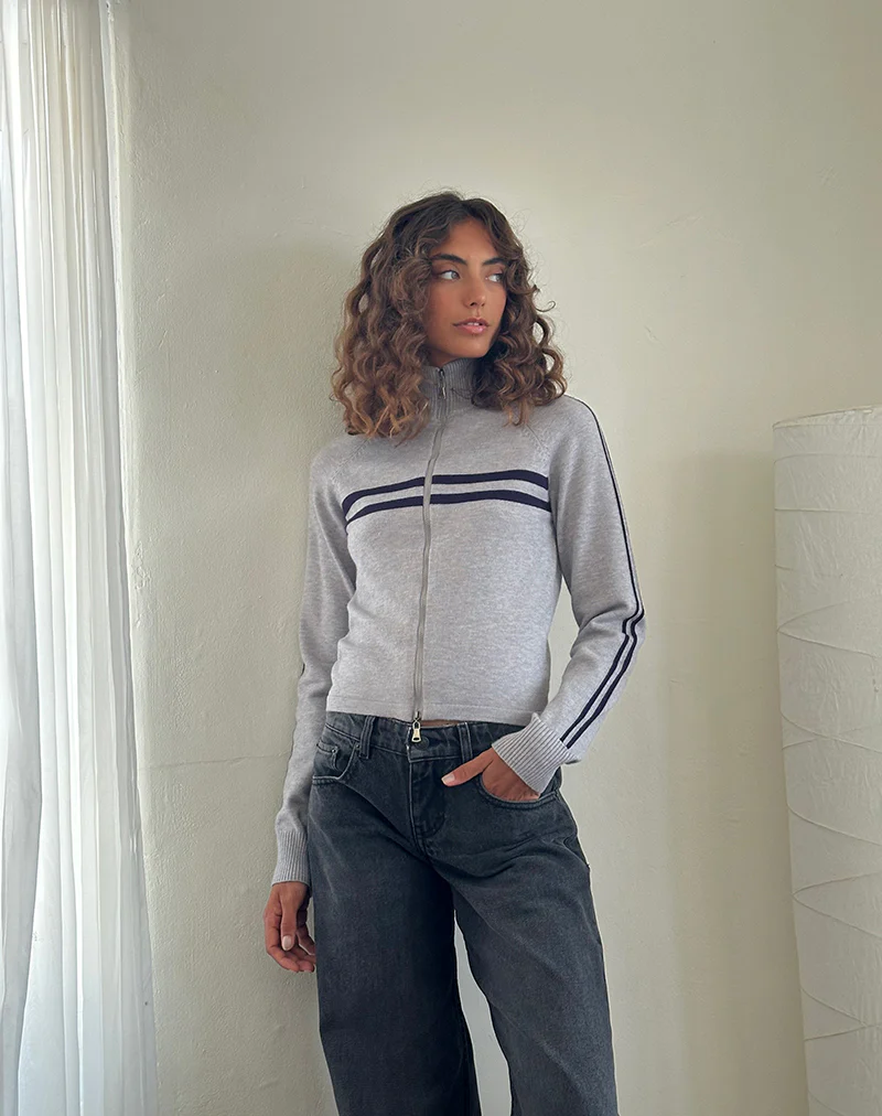 Talisa Sporty Zip Through Jacket In Light Grey with Navy Stripes - Image 3