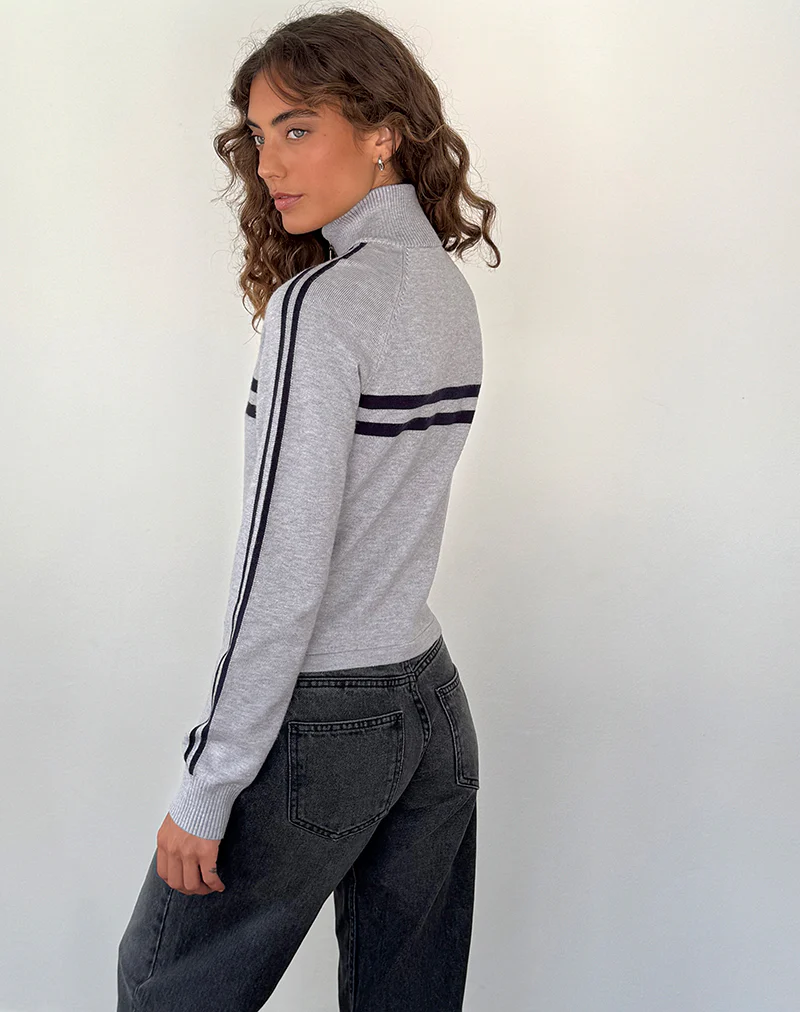 Talisa Sporty Zip Through Jacket In Light Grey with Navy Stripes - Image 4