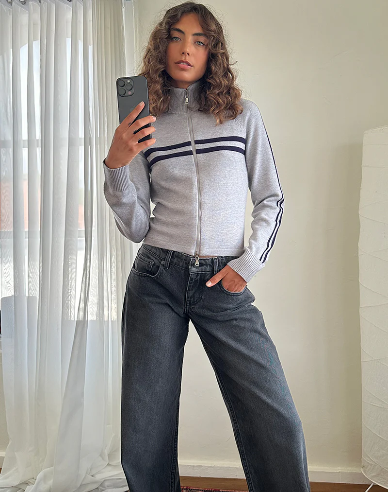 Talisa Sporty Zip Through Jacket In Light Grey with Navy Stripes - Image 5