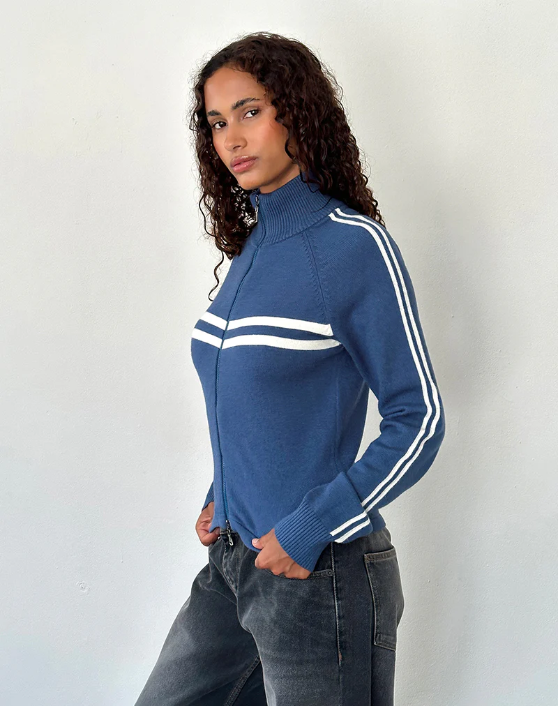 Talisa Sporty Zip Through Jacket In Navy with Ivory Stripes - Image 2
